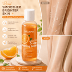 Mooyam Orange Peeling Lotion bottle shown on a styled beige background with before/after skin texture panels and orange extract graphics.