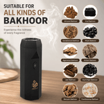 Portable black electric bakhoor burner showing compatibility with multiple incense types like oud, amber, and frankincense