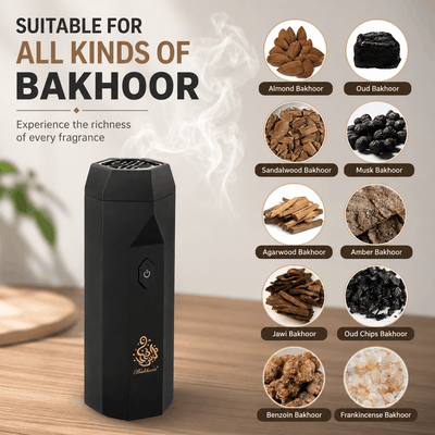 Portable black electric bakhoor burner showing compatibility with multiple incense types like oud, amber, and frankincense