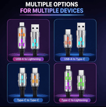 Promotional graphic showing four USB-C to Lightning cable configurations labeled USB-A to Lightning, USB-A to Type-C, Type-C to Type-C, and Type-C to Lightning, with colorful illuminated connector accents on a dark gradient background.
