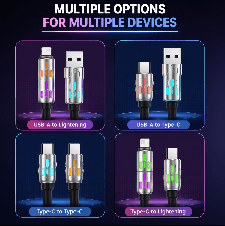 Promotional graphic showing four USB-C to Lightning cable configurations labeled USB-A to Lightning, USB-A to Type-C, Type-C to Type-C, and Type-C to Lightning, with colorful illuminated connector accents on a dark gradient background.