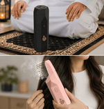 Split view showing a black electric burner on a prayer mat and a pink electric hair bakhoor comb infusing hair with scent