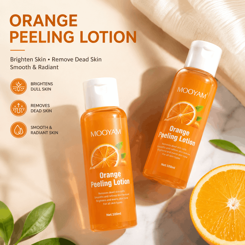 Two bottles of MOOYAM Orange Peeling Lotion displayed on a light marble surface with a folded cream towel and orange slices. The image includes promotional text on the left detailing skin benefits.
