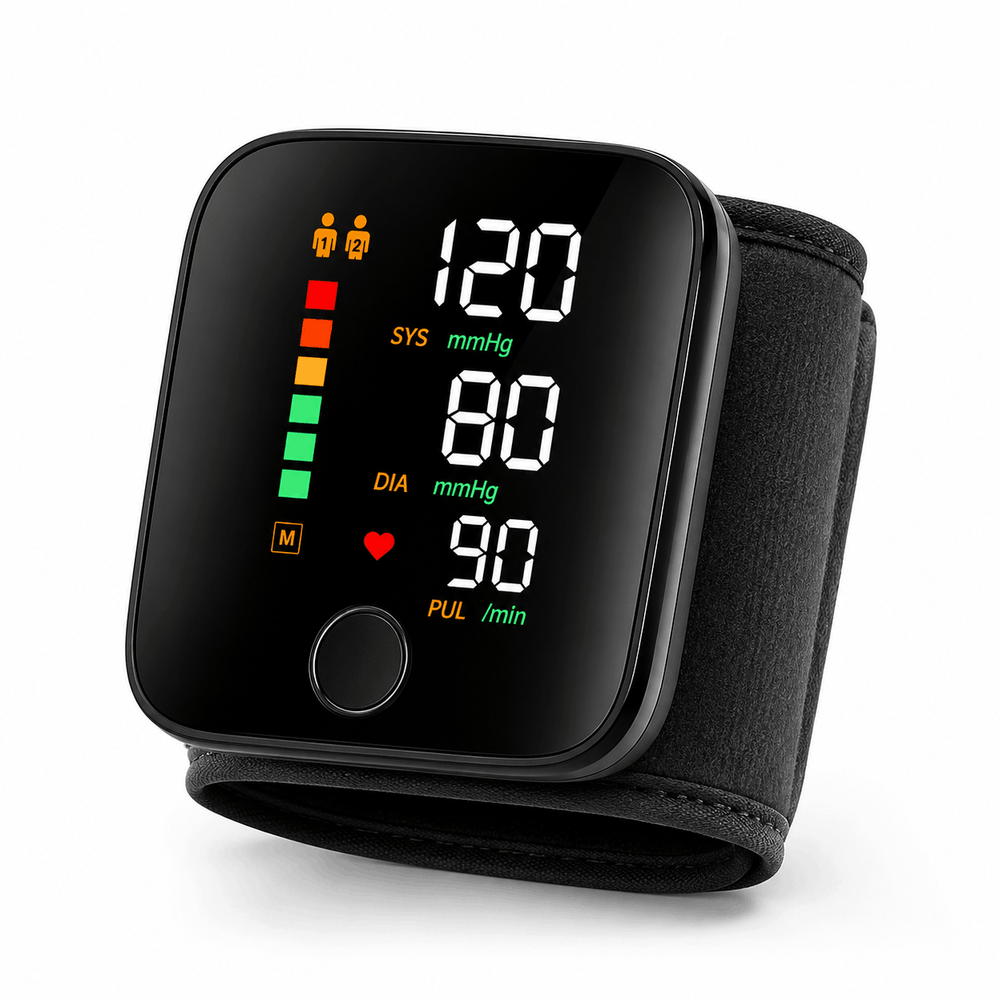 Wrist Electronic Sphygmomanometer digital blood pressure monitor displaying automatic wrist measurement data